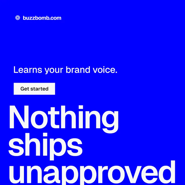 Instagram post for BuzzBomb: "Seven agents. One chat." Split block style, oversized layout, dark palette in blue, white.