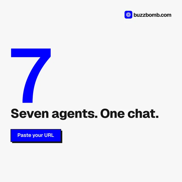 Instagram post for BuzzBomb: "Distribution, solved." Brutalist style, stat layout, light palette in white, blue.