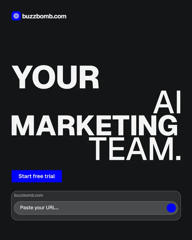 Instagram portrait post for BuzzBomb: "Your AI marketing team." Brutalist style, stacked layout, dark palette in black, grey.