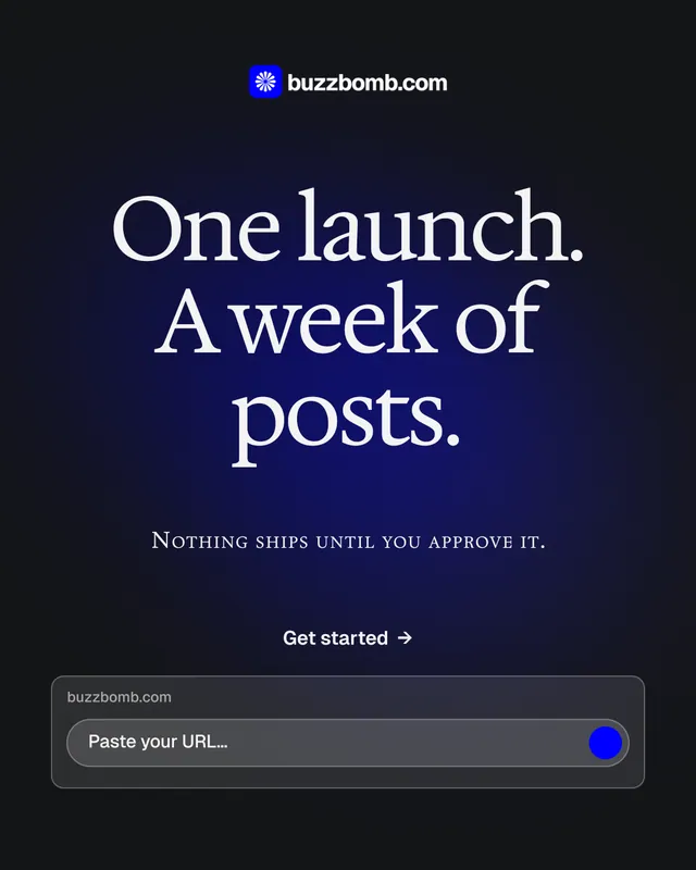 Instagram portrait post for BuzzBomb: "One launch. A week of posts." Agentic glass style, smallcaps layout, dark palette in black, blue, grey.