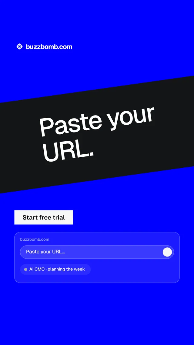 Instagram story for BuzzBomb: "Paste your URL." Split block style, diagonal layout, dark palette in blue, black.
