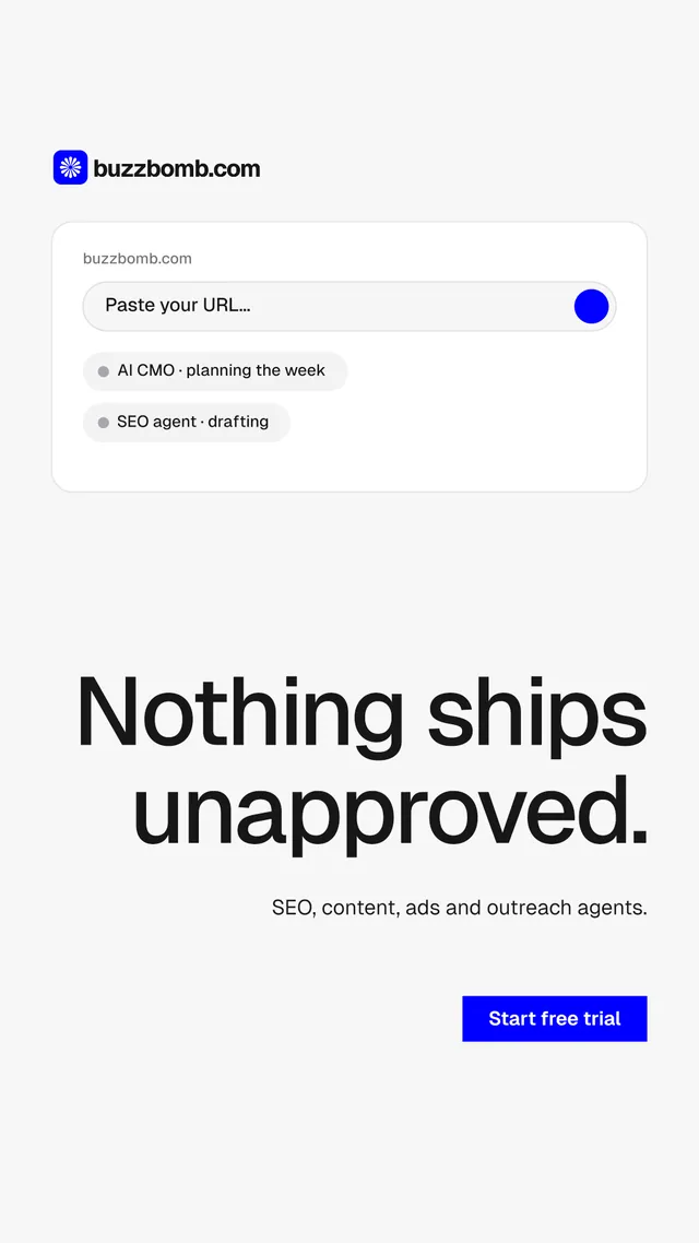 Instagram story for BuzzBomb: "Nothing ships unapproved." Swiss style, right layout, light palette in white, grey.