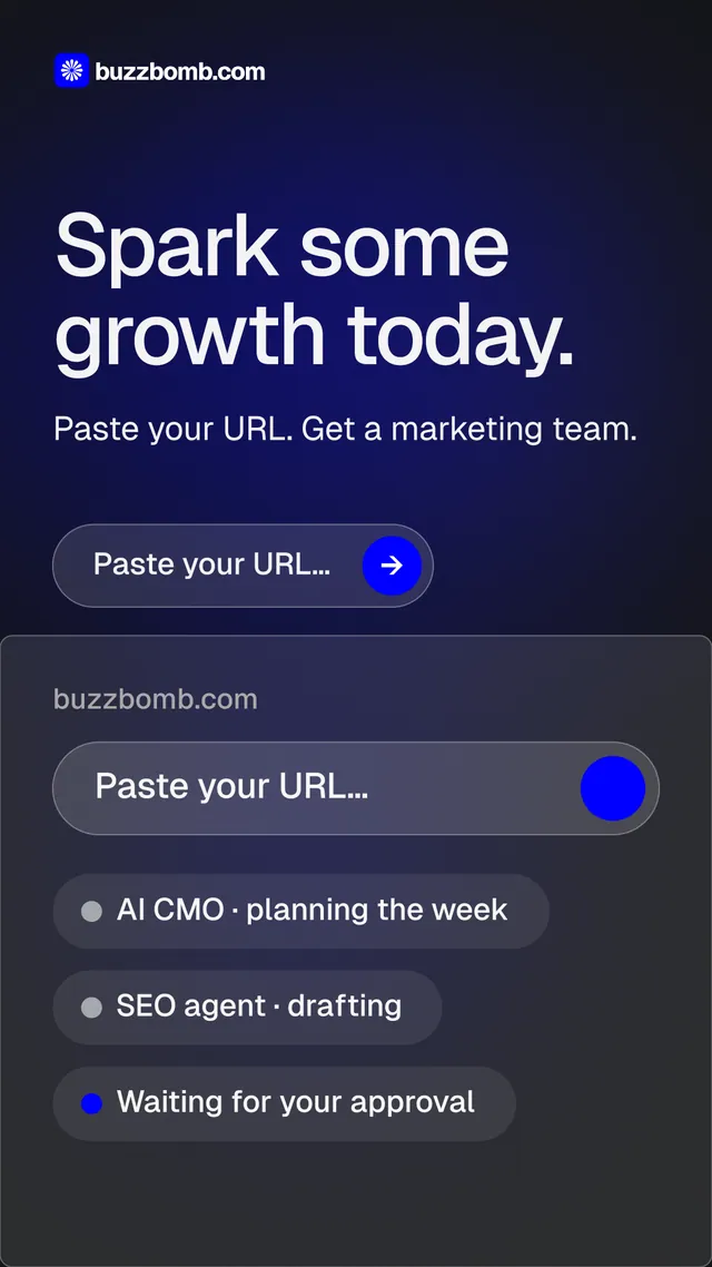Instagram story for BuzzBomb: "Spark some growth today." Agentic glass style, skeleton layout, dark palette in black, blue, grey.