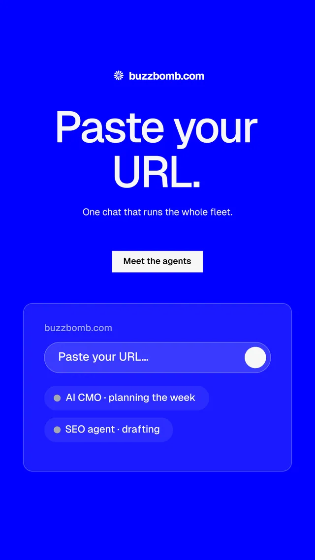 Instagram story for BuzzBomb: "Paste your URL." Split block style, centred layout, dark palette in blue.