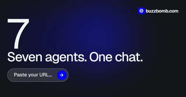 Social ad for BuzzBomb: "Nothing ships unapproved." Agentic glass style, stat layout, dark palette in black, blue, grey.