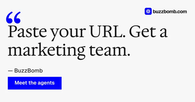 Social ad for BuzzBomb: "Your AI marketing team." Swiss style, quote layout, light palette in white, grey, blue.