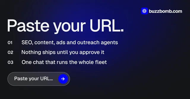 Social ad for BuzzBomb: "Paste your URL." Agentic glass style, numbered layout, dark palette in black, blue.