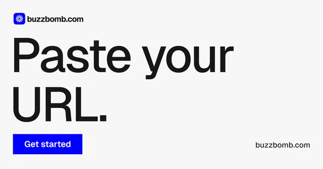Social ad for BuzzBomb: "Paste your URL." Swiss style, poster layout, light palette in white, blue, grey.