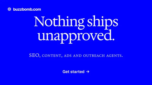 Landscape graphic for BuzzBomb: "Nothing ships unapproved." Swiss style, smallcaps layout, dark palette in blue.