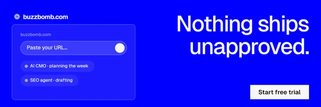 X header for BuzzBomb: "Nothing ships unapproved." Swiss style, right layout, dark palette in blue.
