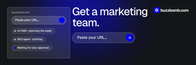 X header for BuzzBomb: "Get a marketing team." Agentic glass style, skeleton layout, dark palette in black, blue, grey.