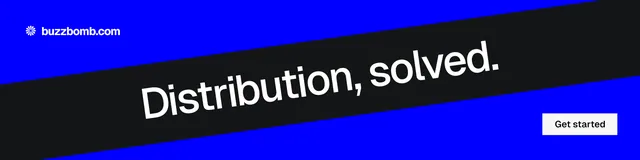LinkedIn banner for BuzzBomb: "Distribution, solved." Split block style, diagonal layout, dark palette in blue, black, grey.