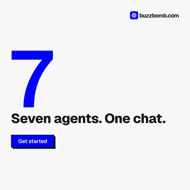 Instagram post for BuzzBomb: "Distribution, solved." Brutalist style, stat layout, light palette in white, blue.