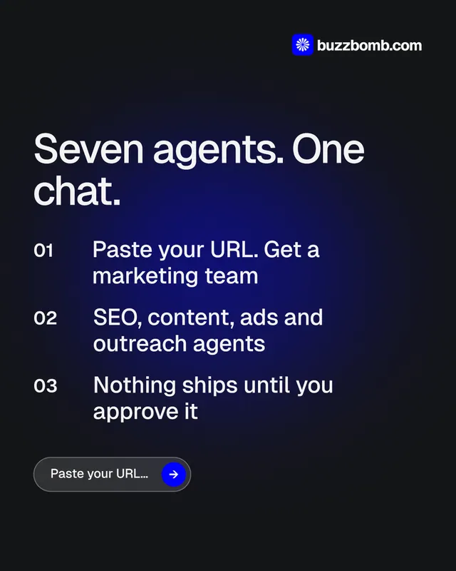 Instagram portrait post for BuzzBomb: "Seven agents. One chat." Agentic glass style, numbered layout, dark palette in black, blue.