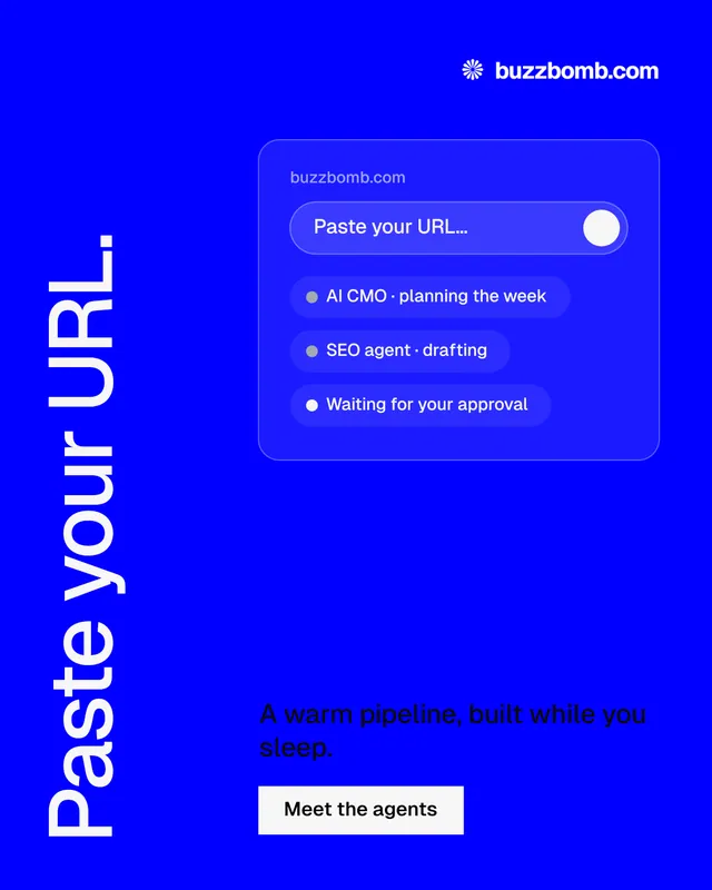 Instagram portrait post for BuzzBomb: "Paste your URL." Split block style, vertical layout, dark palette in blue.