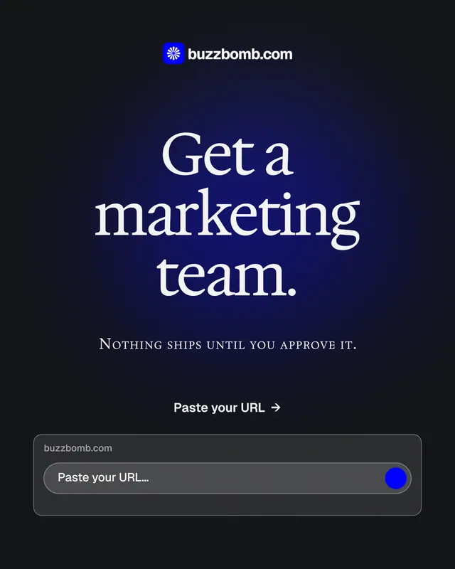 Instagram portrait post for BuzzBomb: "Get a marketing team." Agentic glass style, smallcaps layout, dark palette in black, blue, grey.