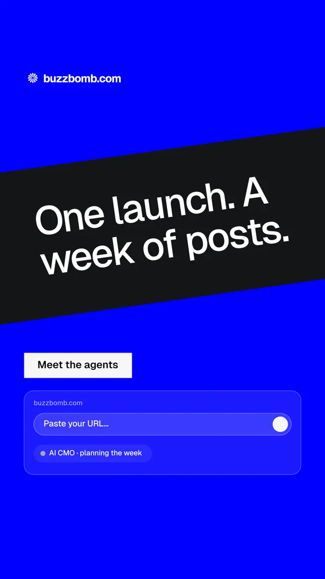 Instagram story for BuzzBomb: "One launch. A week of posts." Split block style, diagonal layout, dark palette in blue.