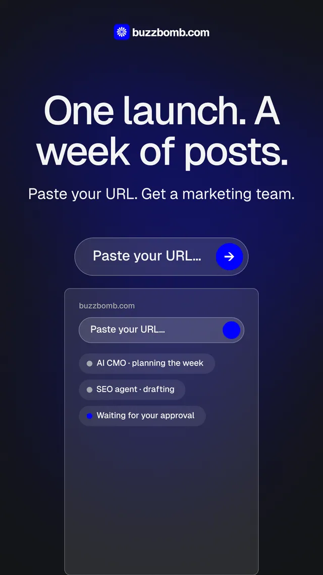 Instagram story for BuzzBomb: "One launch. A week of posts." Agentic glass style, skeleton layout, dark palette in black, blue.