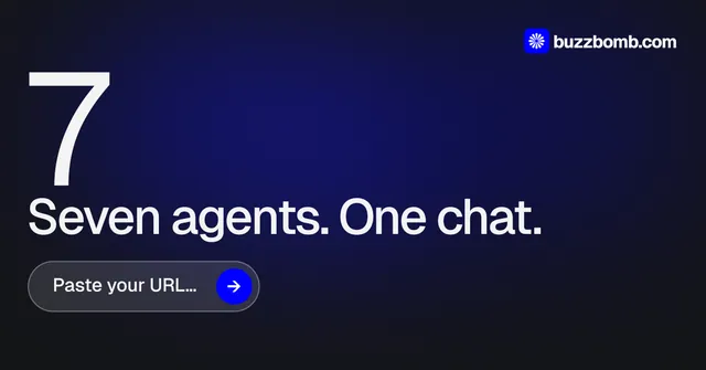 Social ad for BuzzBomb: "One launch. A week of posts." Agentic glass style, stat layout, dark palette in blue, black, grey.