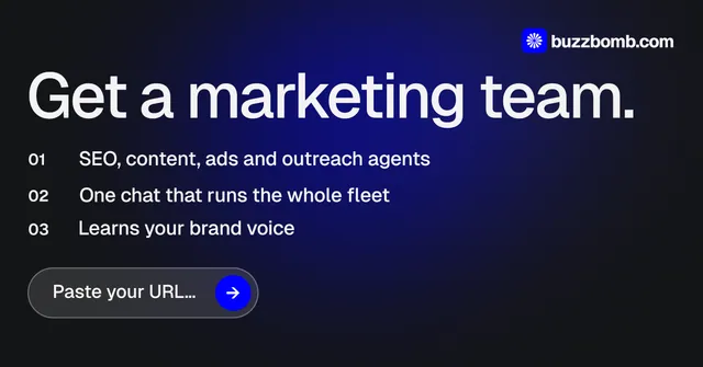 Social ad for BuzzBomb: "Get a marketing team." Agentic glass style, numbered layout, dark palette in black, blue, grey.