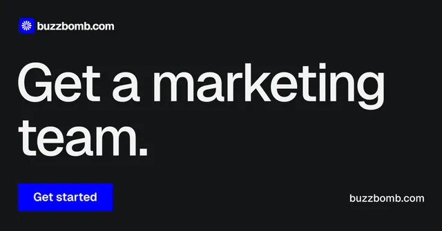 Social ad for BuzzBomb: "Get a marketing team." Swiss style, poster layout, dark palette in black, grey.