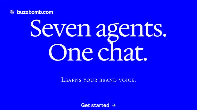 Landscape graphic for BuzzBomb: "Seven agents. One chat." Swiss style, smallcaps layout, dark palette in blue.