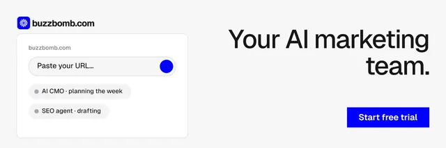 X header for BuzzBomb: "Your AI marketing team." Swiss style, right layout, light palette in white, blue.