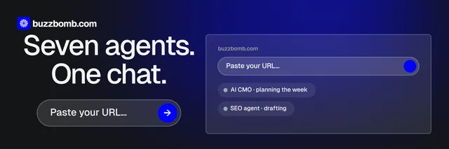 X header for BuzzBomb: "Seven agents. One chat." Agentic glass style, skeleton layout, dark palette in black, blue, grey.