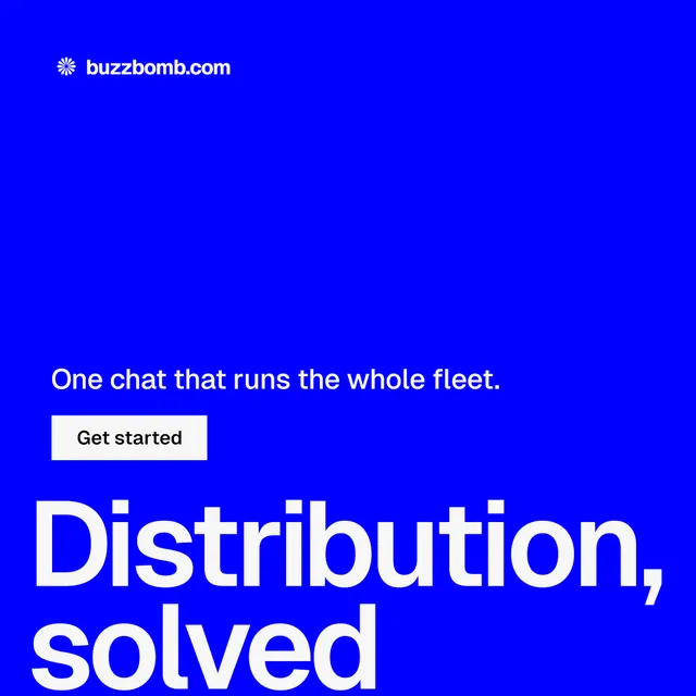 Instagram post for BuzzBomb: "Distribution, solved." Split block style, oversized layout, dark palette in blue.