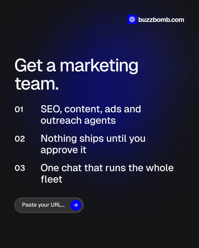 Instagram portrait post for BuzzBomb: "Get a marketing team." Agentic glass style, numbered layout, dark palette in black, blue.