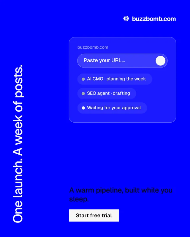 Instagram portrait post for BuzzBomb: "One launch. A week of posts." Split block style, vertical layout, dark palette in blue.
