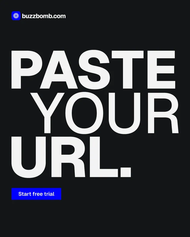 Instagram portrait post for BuzzBomb: "Paste your URL." Brutalist style, stacked layout, dark palette in black, grey.