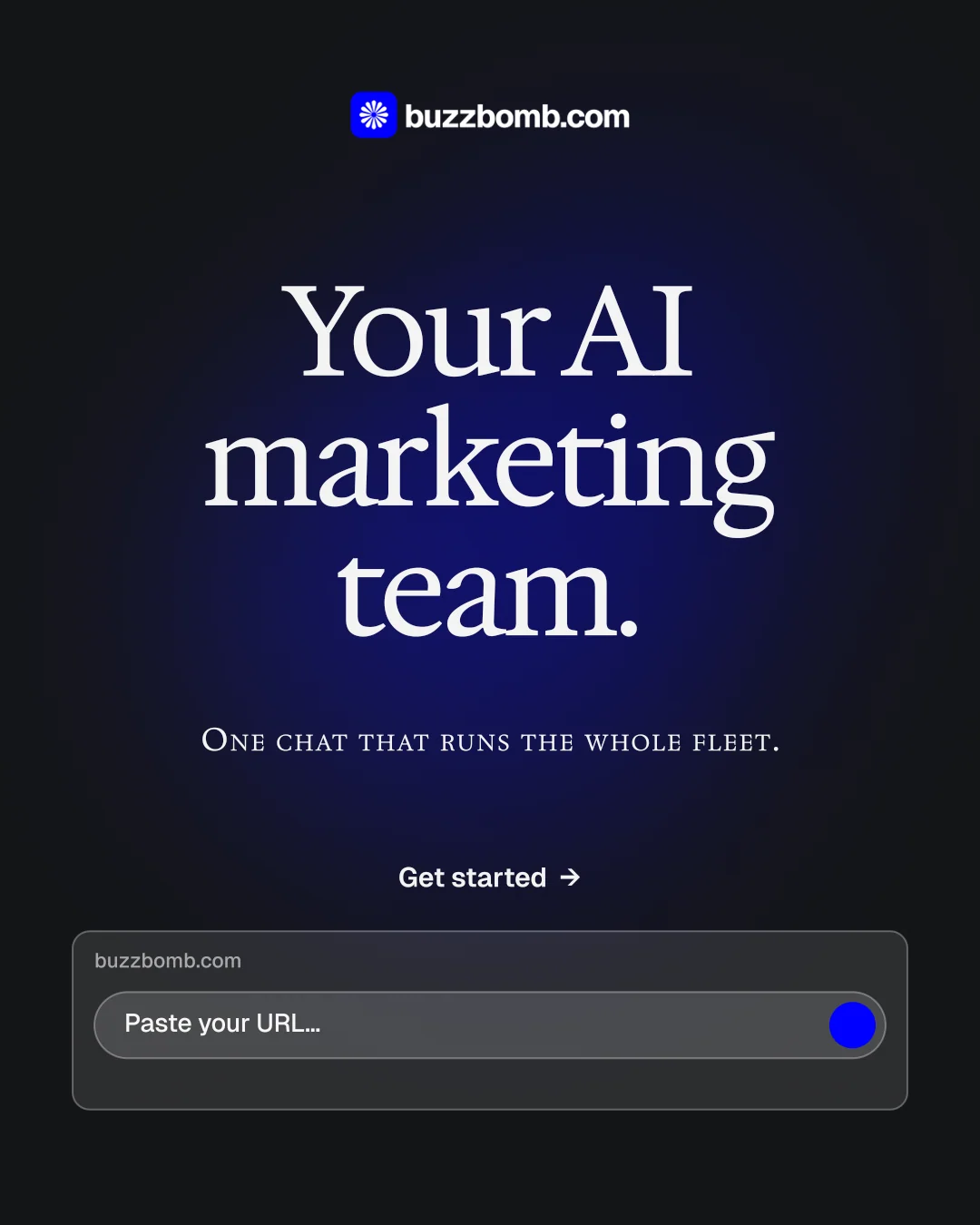 Instagram portrait post for BuzzBomb: "Your AI marketing team." Agentic glass style, smallcaps layout, dark palette in black, blue, grey.