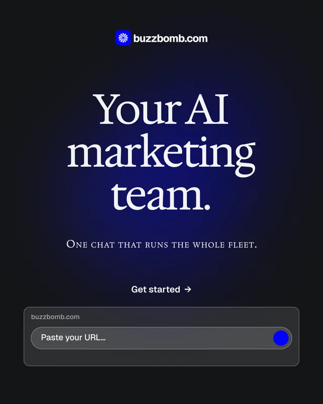 Instagram portrait post for BuzzBomb: "Your AI marketing team." Agentic glass style, smallcaps layout, dark palette in black, blue, grey.