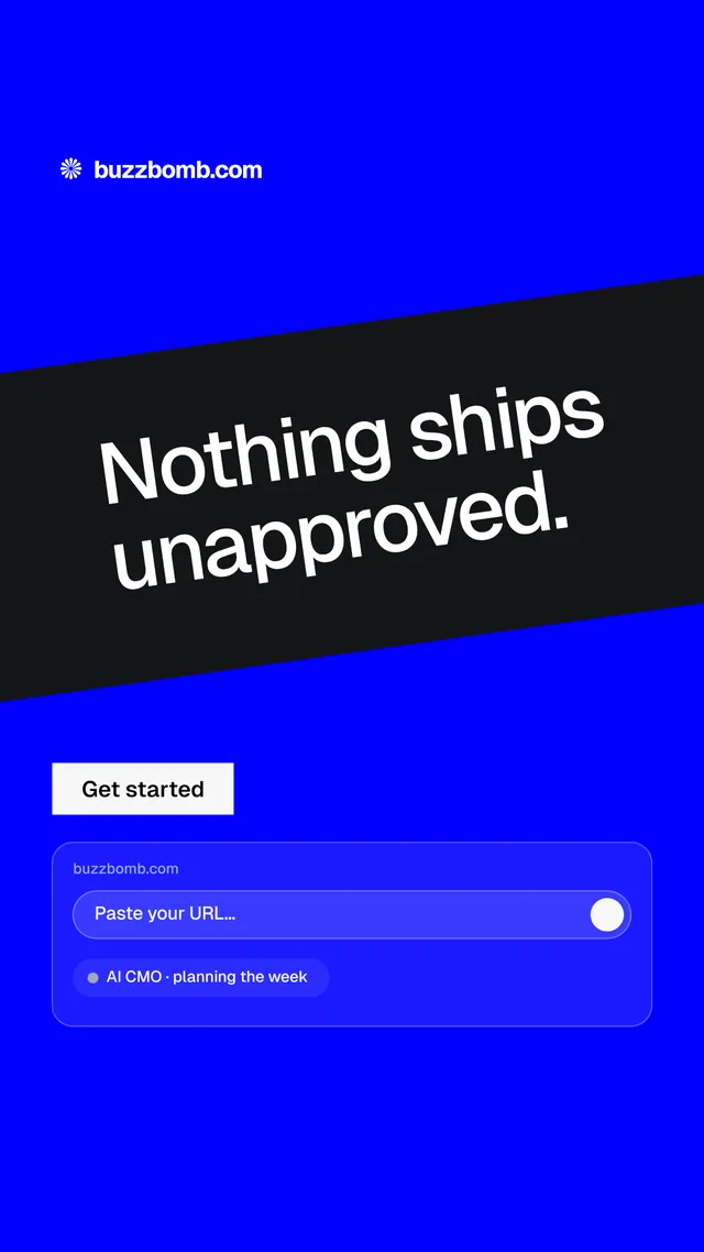 Instagram story for BuzzBomb: "Nothing ships unapproved." Split block style, diagonal layout, dark palette in blue.
