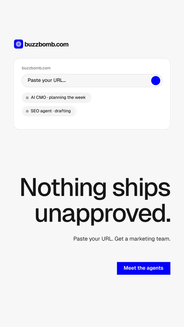 Instagram story for BuzzBomb: "Nothing ships unapproved." Swiss style, right layout, light palette in white, grey.
