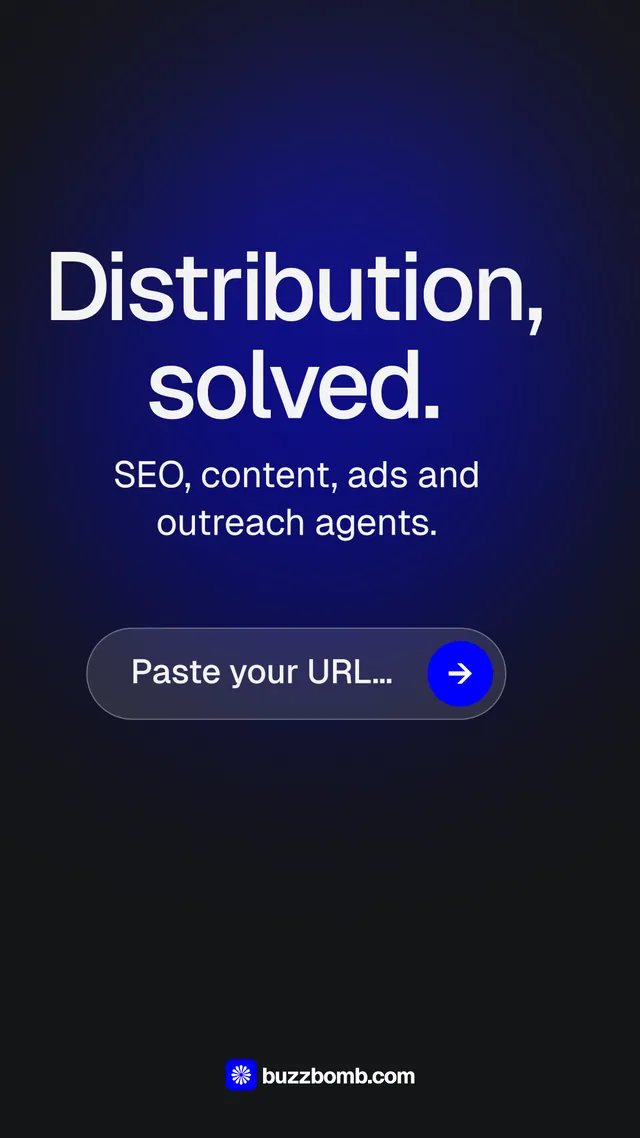 Instagram story for BuzzBomb: "Distribution, solved." Agentic glass style, skeleton layout, dark palette in blue, black.