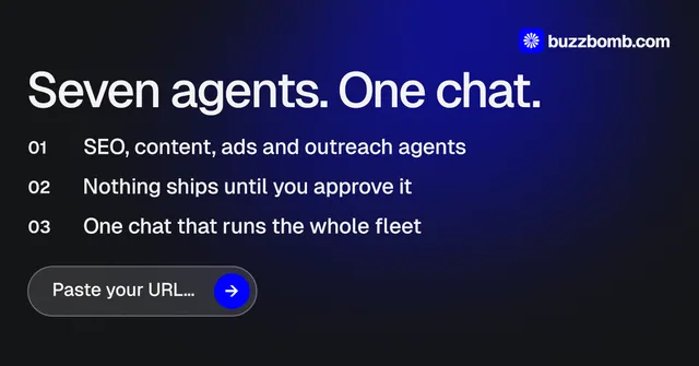 Social ad for BuzzBomb: "Seven agents. One chat." Agentic glass style, numbered layout, dark palette in black, blue, grey.