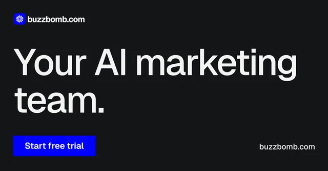 Social ad for BuzzBomb: "Your AI marketing team." Swiss style, poster layout, dark palette in black, grey.