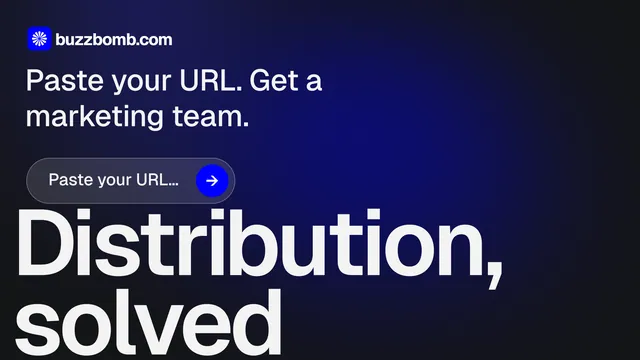 Landscape graphic for BuzzBomb: "Distribution, solved." Agentic glass style, oversized layout, dark palette in blue, grey.