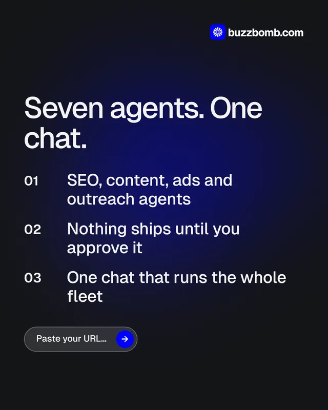 Instagram portrait post for BuzzBomb: "Seven agents. One chat." Agentic glass style, numbered layout, dark palette in black, blue.