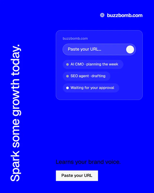 Instagram portrait post for BuzzBomb: "Spark some growth today." Split block style, vertical layout, dark palette in blue.