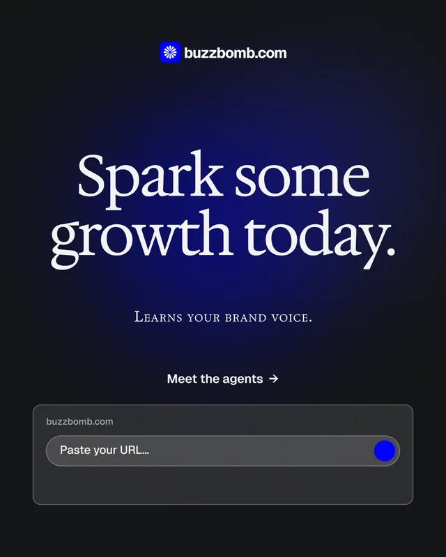 Instagram portrait post for BuzzBomb: "Spark some growth today." Agentic glass style, smallcaps layout, dark palette in black, blue, grey.