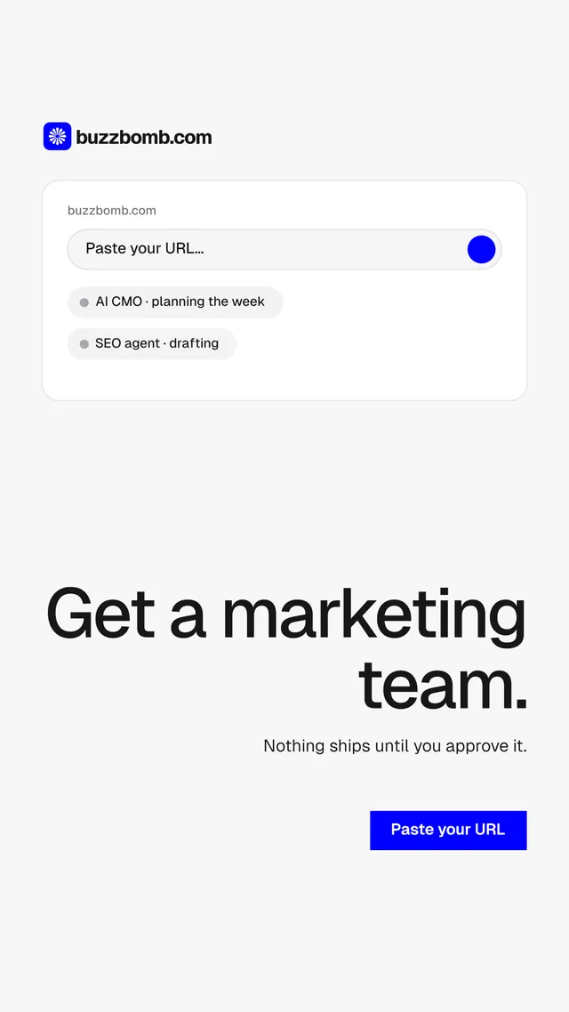 Instagram story for BuzzBomb: "Get a marketing team." Swiss style, right layout, light palette in white.