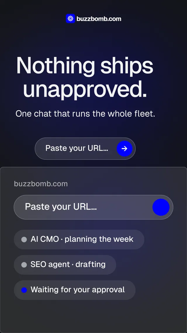 Instagram story for BuzzBomb: "Nothing ships unapproved." Agentic glass style, skeleton layout, dark palette in black, grey, blue.