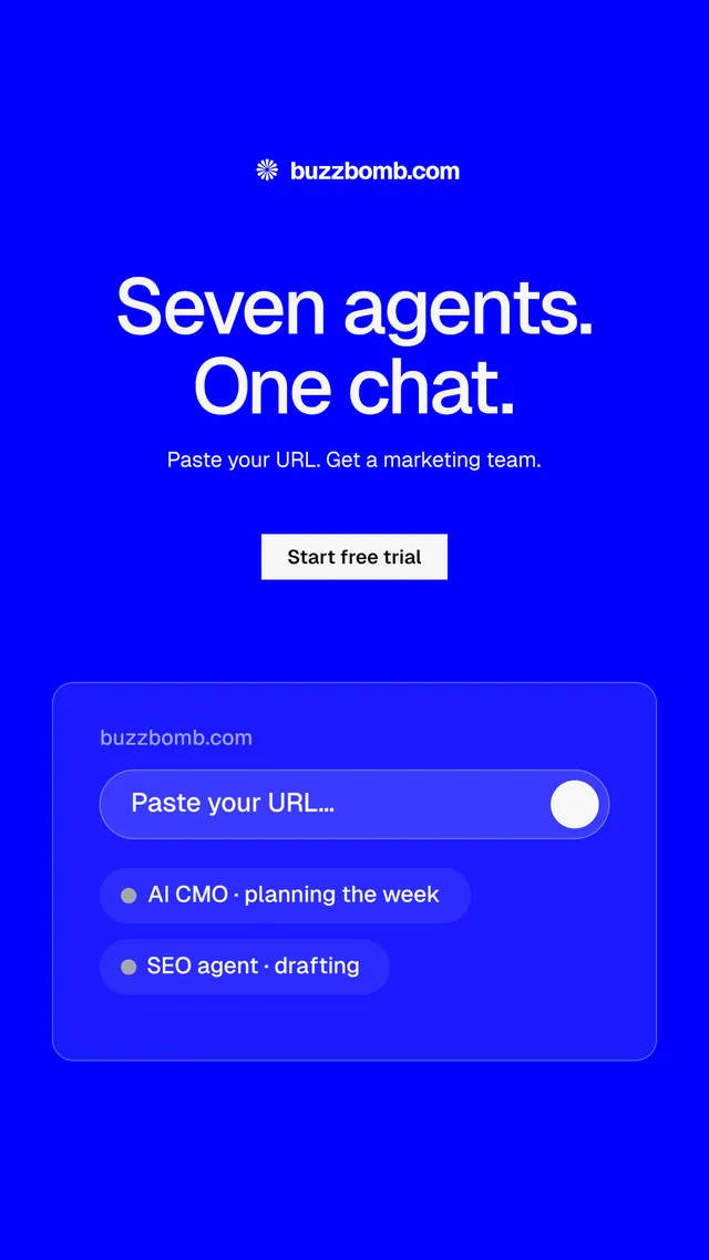 Instagram story for BuzzBomb: "Seven agents. One chat." Split block style, centred layout, dark palette in blue.