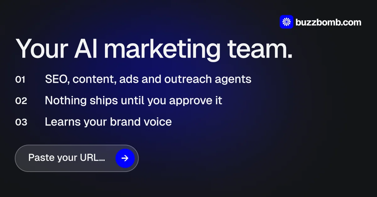 Social ad for BuzzBomb: "Your AI marketing team." Agentic glass style, numbered layout, dark palette in black, blue, grey.