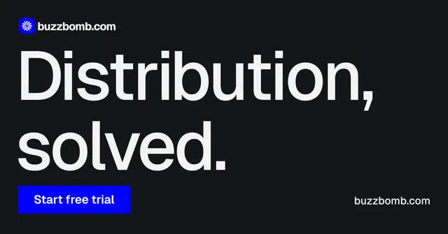 Social ad for BuzzBomb: "Distribution, solved." Swiss style, poster layout, dark palette in black, grey.
