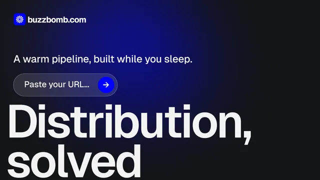 Landscape graphic for BuzzBomb: "Distribution, solved." Agentic glass style, oversized layout, dark palette in black, blue, grey.