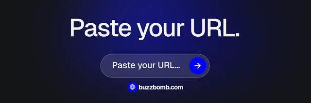 X header for BuzzBomb: "Paste your URL." Agentic glass style, skeleton layout, dark palette in black, blue.